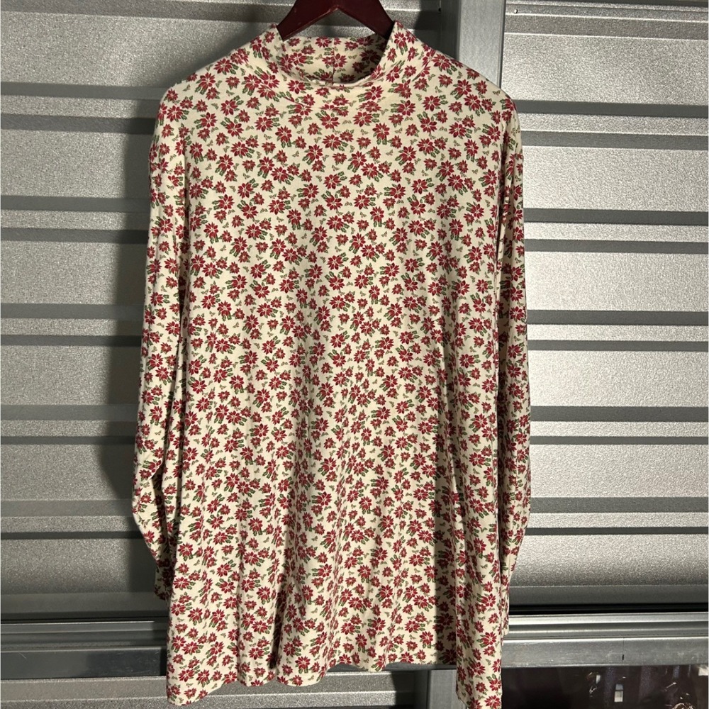Vintage Christmas Mock Neck Top Womens 4X Cream Red Holiday Floral Festive
